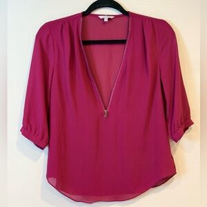 Naked Zebra Von Maur Purple Fuschia Sheer Blouse Zipper V-Neck 3/4 Sleeve Small